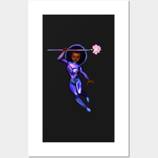 Black anime superhero girl from outer space with lights and smirk ! beautiful  black girl with Afro hair, brown eyes, Cherry pink lips and dark brown skin. Hair love ! Posters and Art